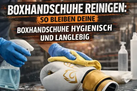 Boxhandschuhe reinigen: Mit Handschuhen und Lappen werden Boxhandschuhe hygienisch und langlebig gehalten.