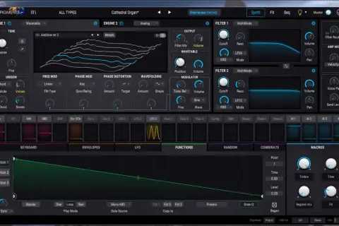 Das Pigments VST-Plugin zeigt eine komplexe Synthesizer-Oberfläche mit vielen Reglern und Wellenformen zur Klangerzeugung.
