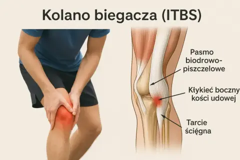 Ból kolana biegacza (ITBS) spowodowany tarciem ścięgna. Ilustracja pokazuje anatomię kolana i jego leczenie.