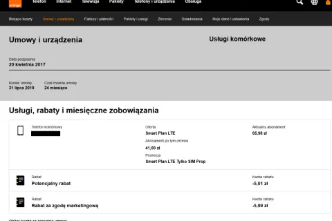 Szczegóły umowy Orange: telefon komórkowy, abonament, rabaty i zobowiązania.