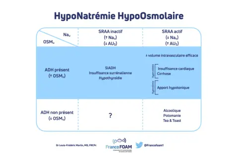 Tableau clinique de l'hyponatrémie hypo-osmolaires, classifiant les causes selon la présence d'ADH et le volume intravasculaire, et identifiant les situations de manque de sodium.