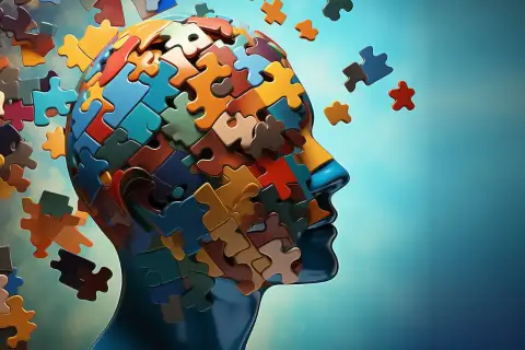 Głowa złożona z kolorowych puzzli, niektóre odpadają, tworząc mętlik w głowie.