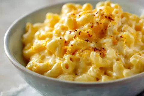 Krämig mac and cheese i en skål, perfekt för ett enkelt recept.
