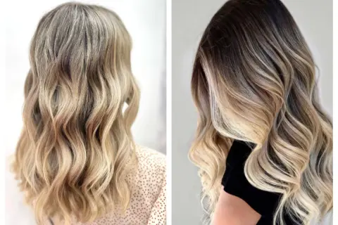 Mechas rubias y castañas se funden en ondas suaves, creando un efecto degradado natural y radiante.