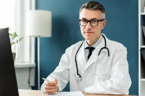 Lekarz w okularach, w białym kitlu ze stetoskopem, pisze receptę na sen.