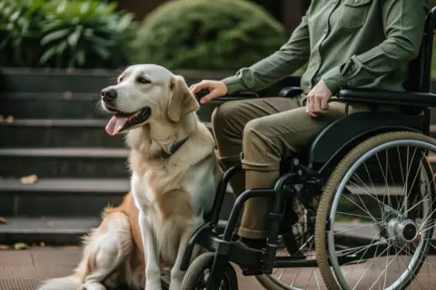 Ein Golden Retriever sitzt neben einer Person im Rollstuhl. Die Frage "was kostet ein Assistenzhund" beschäftigt viele.