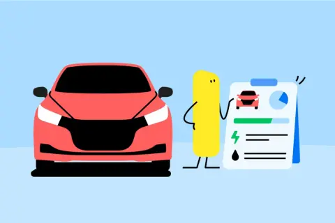 A red car and a yellow character stand next to a clipboard with car efficiency data.