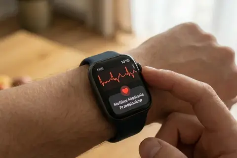 Na ekranie zegarka widoczny jest zapis EKG, który pokazuje rytm zatokowy. Obok serduszko z napisem "Możliwe Migotanie Przedsionków".