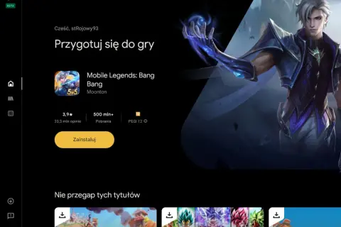 Grafika przedstawia ekran aplikacji Google Play Games z grą Mobile Legends: Bang Bang i postacią z gry.