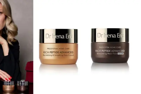 Elegancka kobieta prezentuje kosmetyki Dr Irena Eris z serii Rich Peptide Advanced.
