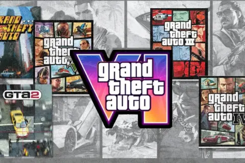 A collage of Grand Theft Auto game covers, featuring GTA 1, GTA 2, GTA III, GTA IV, and the prominent GTA VI logo.