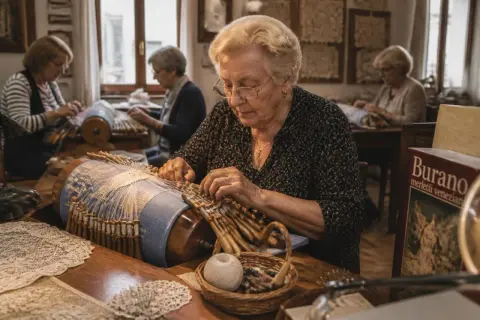 Donne anziane creano merletti a tombolo, un'arte tradizionale di Burano. I loro fili intrecciati danno vita a delicati ricami.