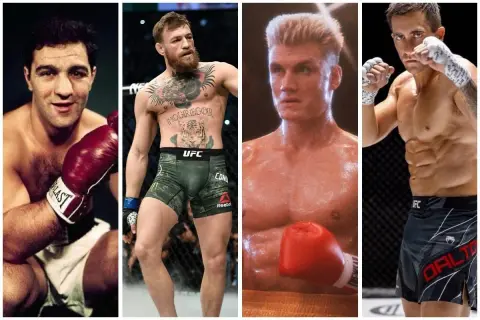 Four fighters: Rocky Marciano, Conor McGregor, Ivan Drago, and Jake Gyllenhaal. A win by decision meaning is a fight decided by judges' scores.