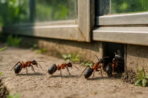 Mrówki w ogrodzie szukają schronienia. Zbliżenie na kilka mrówek przy wejściu do nory pod oknem.