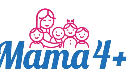 Logo "Mama 4+" z uśmiechniętą mamą i czwórką dzieci. Symbolizuje emeryturę dla matek 4 dzieci, które pracowały.