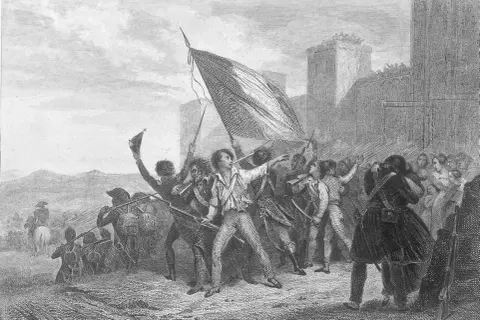 Une foule en liesse, brandissant un drapeau, semble célébrer le chant du départ. Des soldats se préparent à l'action, face à une forteresse imposante.