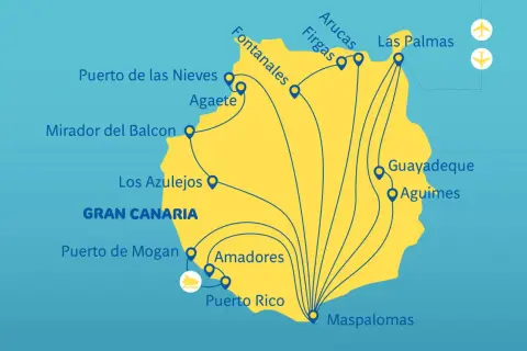 Mapa Gran Canaria z zaznaczonymi miejscowościami: Las Palmas, Puerto de Mogan, Maspalomas. Gdzie jest Gran Canaria? Na mapie widać lotniska i port.