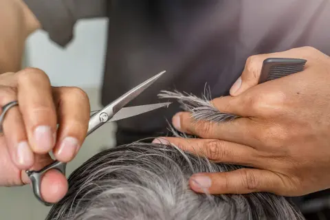 Friseur schneidet kurz grau lila Haare.