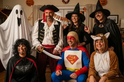 Grupa osób w kreatywnych strojach na Halloween: duch, pirat, superbohater, czarownice i zwierzątko.