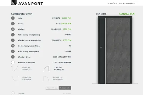 Konfigurator drzwi: profil okna, linia ETERNAL, model E2A, wariant BLACK LINE, kolor 7021S2, wymiary 1050x2100 mm, otwieranie lewe do wewnątrz.