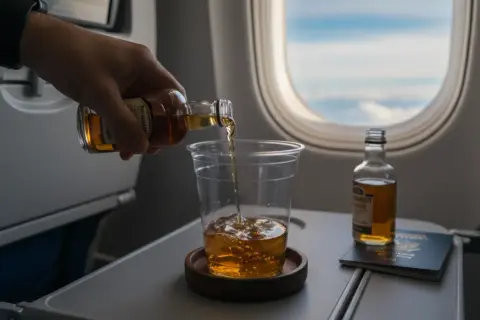 Na pokładzie samolotu można pić alkohol. Widać tu nalewanie whisky z małej buteleczki do szklanki, obok paszport i widok z okna.