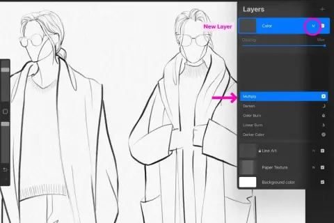 Learn how to use Procreate to add color to your line art. The "Multiply" blend mode is highlighted, showing a step in coloring fashion sketches.