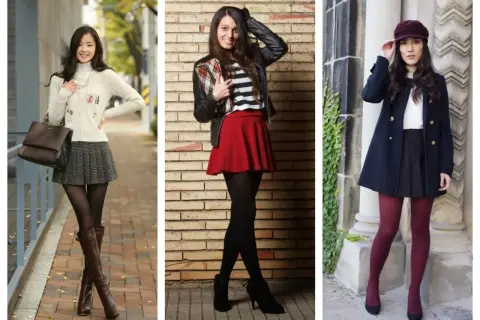 Trzy kobiety w modnych stylizacjach z mini spódniczkami. Jedna w beżowym swetrze i kratkowanej spódniczce, druga w skórzanej kurtce i czerwonej spódniczce, trzecia w granatowym płaszczu i czarnej spódniczce.