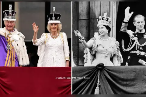 Król Karol III i królowa Camilla w koronach, obok czarno-białe zdjęcie królowej Elżbiety II i księcia Filipa.