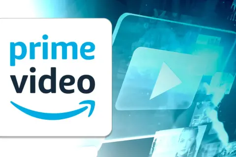 Prime Video Logo mit Play-Button und Collage aus Film- und Serienbildern. Viel Neues auf Prime!