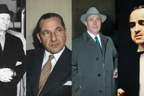 Czterech mężczyzn w eleganckich garniturach i kapeluszach. Marlon Brando jako ojciec chrzestny gra swoją rolę.