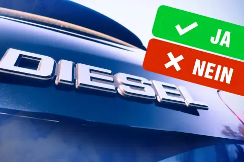 Ja oder Nein zu Euro 6 Diesel? Die Frage steht im Raum, während das Wort "DIESEL" auf einem blauen Auto prangt.
