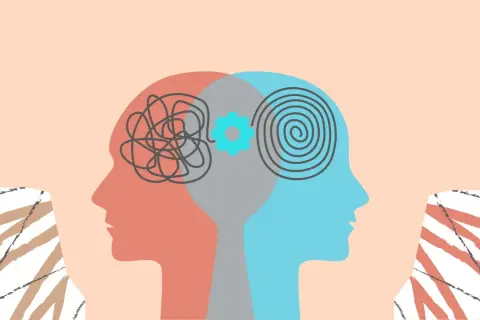 Dwa profile ludzkie, jeden z chaotycznymi liniami w głowie, drugi ze spiralą. Symbolizuje to drogę do poprawy zdrowia psychicznego polaków.