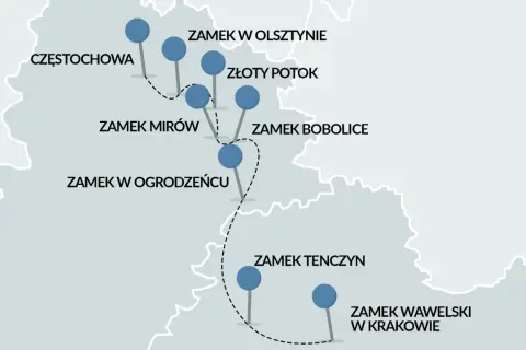 Mapa pokazuje szlak Orlich Gniazd rowerem, łączący Częstochowę z Krakowem przez zamki Olsztyn, Złoty Potok, Mirów, Bobolice, Ogrodzieniec i Tenczyn.
