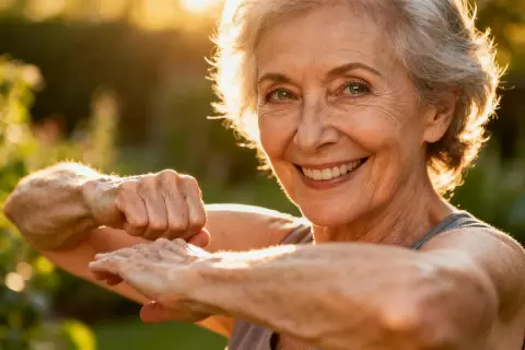 Une femme souriante, les bras tendus, semble pratiquer un exercice simple, un remède de grand-mère pour raffermir la peau, baignée de lumière dorée.