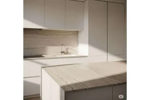 Cuisine moderne avec îlot central. La position des prises de courant est discrète, intégrée au design épuré.