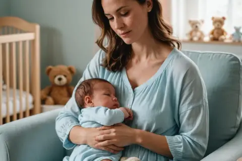 Matka tuli dziecko, gdy stabilizuje się laktacja. W tle łóżeczko i pluszowe misie.