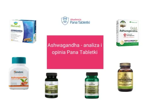 Różne suplementy z ashwagandhą, w tym produkty dla dzieci, analizowane przez Pana Tabletki.