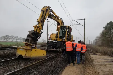 Grupa ludzi w kamizelkach "OPERATOR" obserwuje pracę żółtej koparki przy torach kolejowych. Operator koparki kod zawodu wykonuje swoje obowiązki.