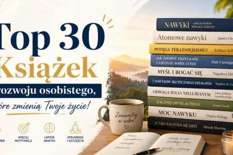 Stos książek o rozwoju osobistym, inspirujący widok i kubek z napisem "Zainwestuj w siebie". Idealne inspiracje do zmiany życia.