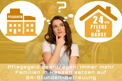 Junge Frau denkt nach: Pflegeheim oder 24h-Pflege zu Hause? Das Pflegegeld 2026 wird immer wichtiger für Familien in Hessen.