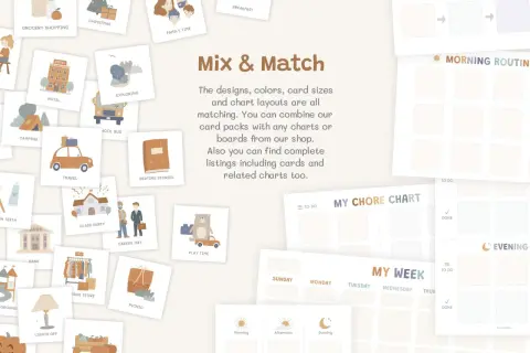Montessori routine cards with illustrations for daily activities like "Grocery Shopping" and "Play Time," plus charts for "My Week" and "Morning Routine.