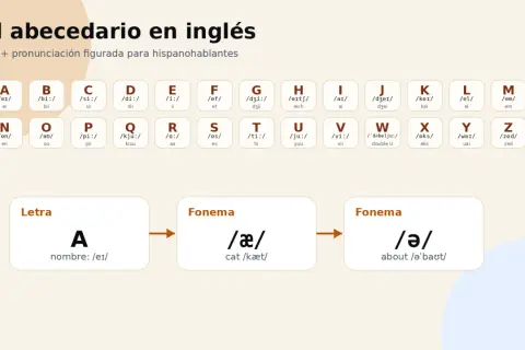 El abecedario en inglés, con la letra X y su pronunciación "eks". Aprende fonemas como en "cat" y "about".
