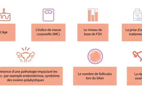 Facteurs influençant la stimulation ovarienne : âge, IMC, FSH, traitements, pathologies, nombre de follicules et réponse ovarienne.
