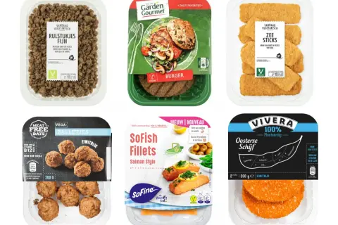 Vleesvervanger zonder soja: fijne rulstukjes, vegan burgers, zeesticks, balletjes, visfillets en oosterse schijven.