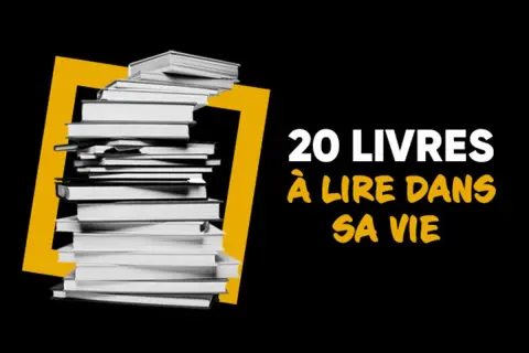 Une pile de livres blancs sur fond noir, encadrée par un 7 jaune. Le texte indique "20 livres à lire dans sa vie", une liste des meilleurs livres à lire absolument.