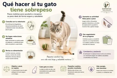 Un gato gordo camina con confianza, mostrando los pasos para ayudarlo a recuperar su peso ideal.