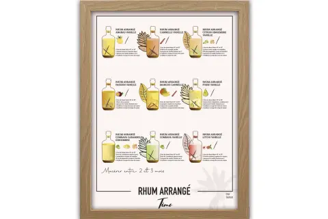 Affiche illustrant plusieurs recettes de rhum arrangé : ananas vanille, mangue cannelle, citron gingembre vanille, etc.