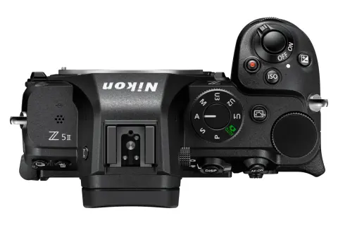Top view of a black Nikon Z5 II camera, showing controls like ISO, mode dial, and AF-ON button. The Nikon Z5 release date was August 2020.