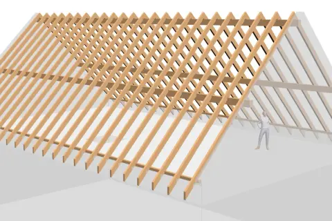 Dachstuhl aufbau: detaillierte Darstellung der Sparren und Latten eines Holz-Dachstuhls. Eine Person steht im Hintergrund zur Größenvergleich.