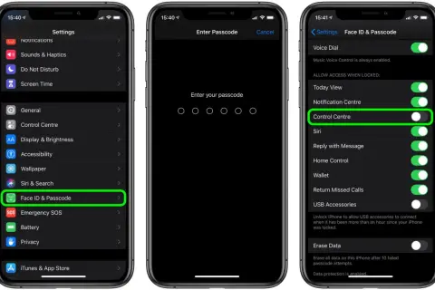 Trzy ekrany iPhone'a pokazujące ustawienia Face ID i Passcode, z podświetlonym Centrum sterowania.